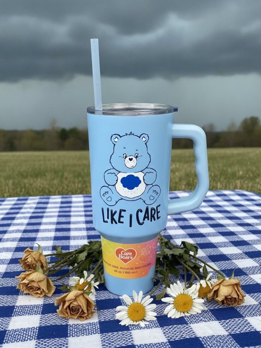 🏠🍒 Care Bears Grumpy Bear "Like I Care" Blue Travel Mug with Straw